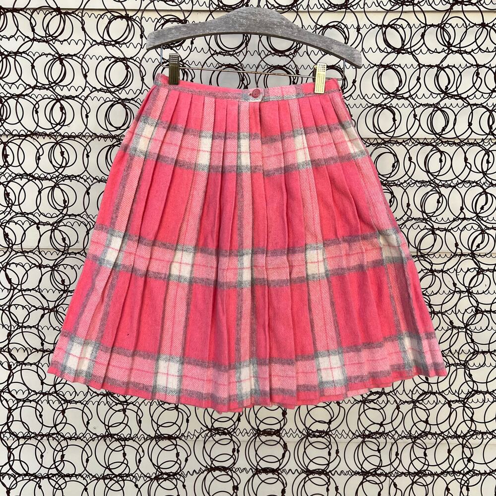 Vintage 60s pink plaid pleated wool skirt barbie schoolgirl